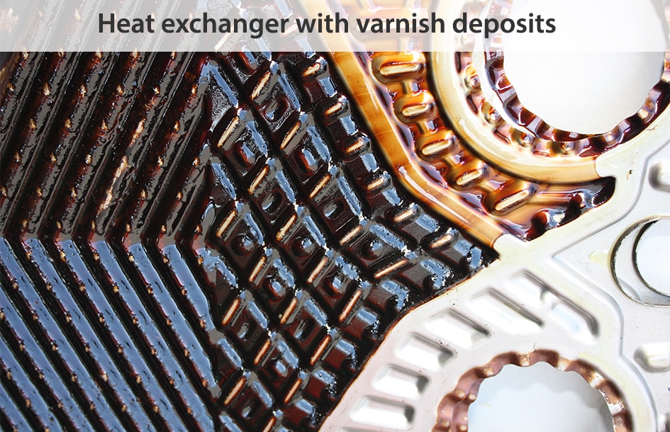 heat exchanger with varnish, gas turbine filtration, gas turbine, lubrication and control oil system